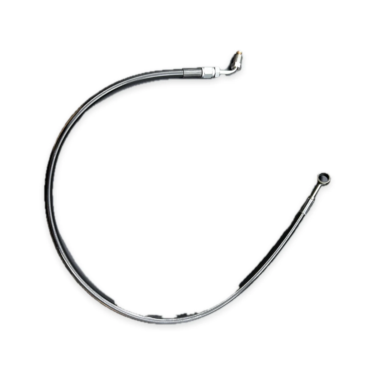 Black braided motorcycle brake line assembly on a white background